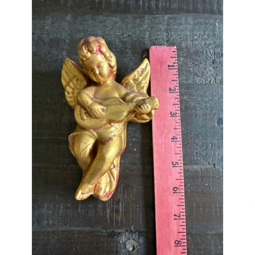 Vintage Gold Chalkware Cherub Angel Wall Hanging Set 3 Musical Figures 6 Inch